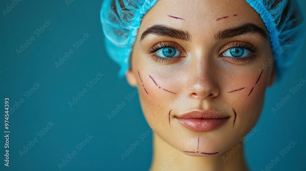 A close-up portrait of a woman with marked facial lines, wearing a surgical cap, highlighting cosmetic procedures and beauty enhancement.