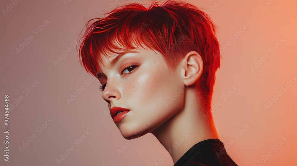Short pixie cut on a woman with striking red hair, photographed in soft lighting, with a minimalistic studio background Short pixie cut on a woman with striking red hair, photographed in soft lighting, with a minimalistic studio background