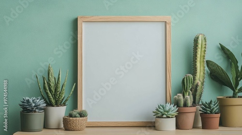 Simple wooden frame on a pastel green wall with potted cacti and succulents below, highlighting an eco-friendly theme photo