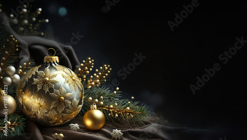 Christmas ball decorated with yellow gilded flowers and ornaments on dark background, 3d, free space for text