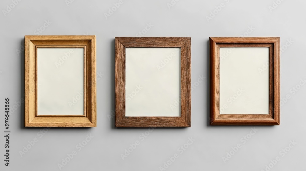 Three different sizes of wooden picture frames arranged in a stylish gallery wall layout on a neutral background Three different sizes of wooden picture frames arranged in a stylish gallery wall layout on a neutral background