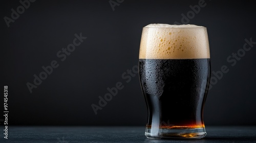 A close-up of a frothy beer glass against a dark background, highlighting the rich color and texture of the beverage.