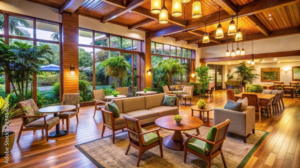 Cozy community center surrounded by lush greenery, featuring warm lighting, wooden furniture, and vibrant artwork, evoking a sense of comfort and social connection. Cozy community center surrounded by lush greenery, featuring warm lighting, wooden furniture, and vibrant artwork, evoking a sense of comfort and social connection.
