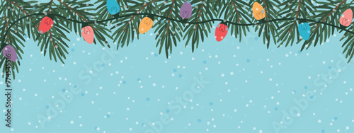 banner with christmas fir tree garland with colorful lights and snow flakes; copy space - vector illustration