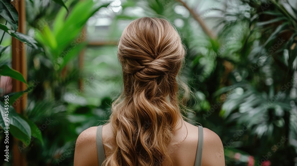 Fototapeta premium Woman with a half-up, half-down hairstyle, soft waves cascading down, set in a botanical garden environment