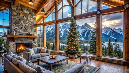 Cozy mountain retreat features rustic wooden beams, stone fireplace, and floor-to-ceiling windows framing breathtaking snow-capped peaks and evergreen trees in a serene winter wonderland setting.