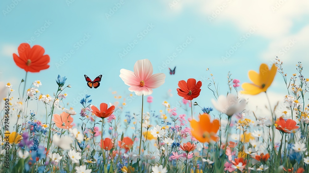 Obraz premium A vibrant field of colorful flowers dancing under a bright blue sky, with butterflies fluttering among the blooms, creating a serene scene.