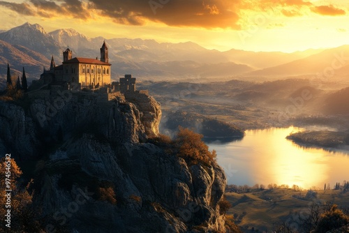 A beautiful castle sits atop a rocky cliff. The sunset paints a vibrant sky above the landscape. Nature shines as the river flows nearby. Generative AI