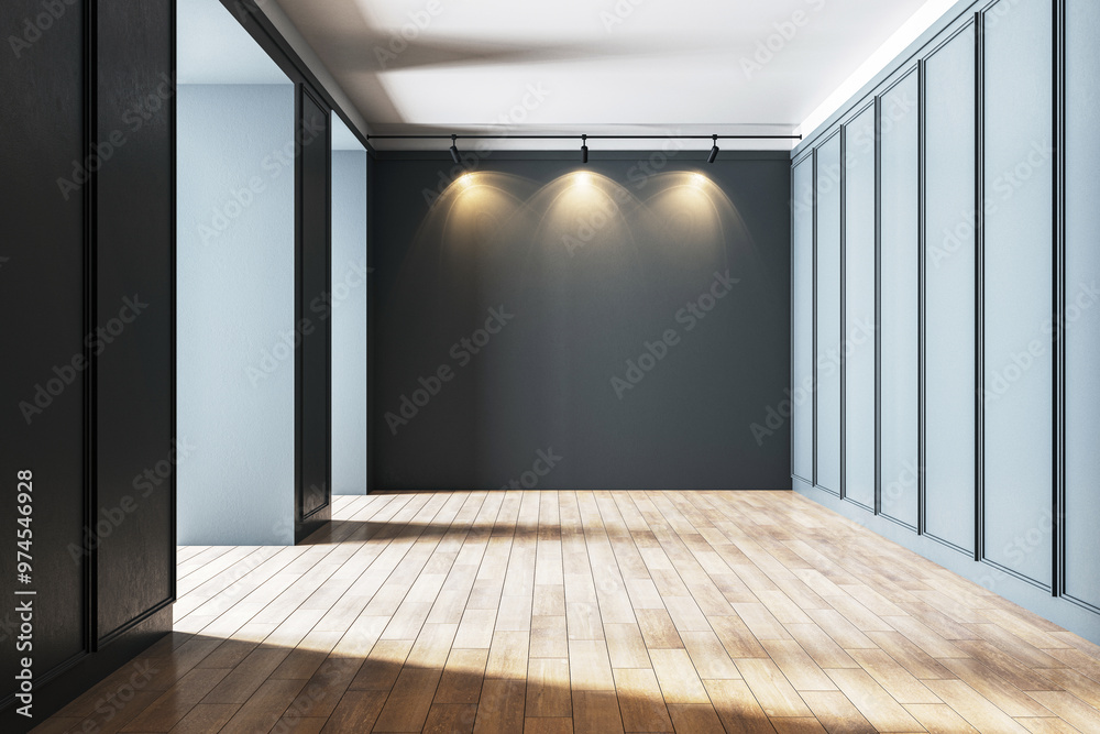 Fototapeta premium Modern gallery interior with spotlighting and wooden floor. 3D Rendering