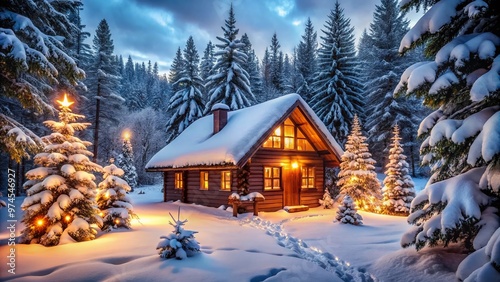 Cozy winter wonderland scene featuring a snow-covered cabin surrounded by evergreen trees, twinkling lights, and festive holiday decorations amidst a serene snowy landscape.