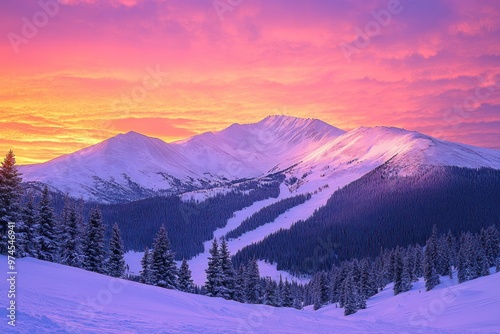 Snowy Mountain Range at Sunset with a Pink and Orange Sky