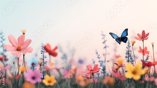 A vibrant meadow filled with colorful flowers and a fluttering butterfly, capturing the essence of nature's beauty and tranquility.