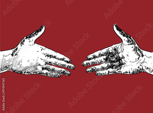 handshake gesture  agreement sign  linear hand realistic vector illustration agreement, partnership, trust, and collaboration in business and personal relations isolated on red background