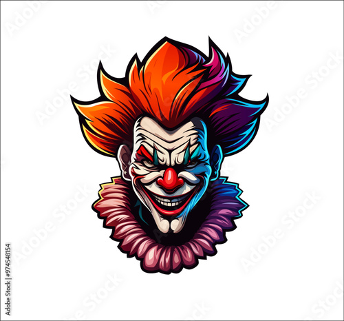 Angry circus clown mascot with red, spiky hair and menacing face expression. Isolated emblem of creepy character with frightening yet captivating look for horror, casino, Halloween and carnival themes