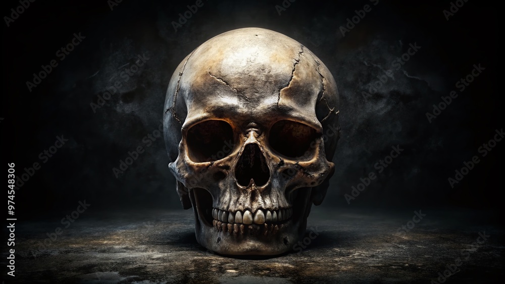 Dark, mysterious, and edgy, a close-up of a human skull on a black background with subtle cracks and worn textures, ideal for gothic or punk-themed designs. Dark, mysterious, and edgy, a close-up of a human skull on a black background with subtle cracks and worn textures, ideal for gothic or punk-themed designs.