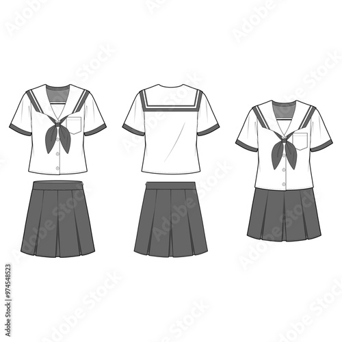 Technical flat sketch of a high school uniform design template. A sailor-collared shirt with a button-down front and large bow necktie, paired with an inverted pleated mini skirt.