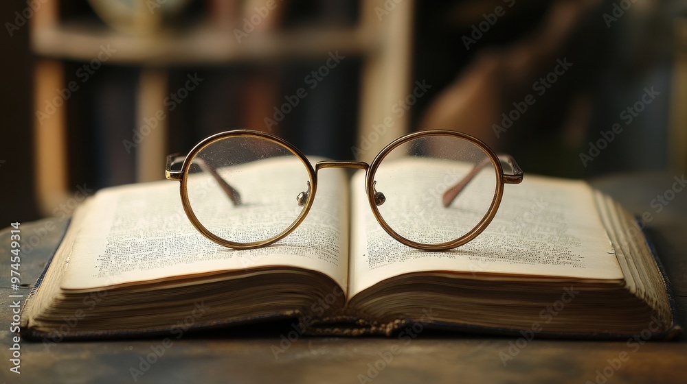 Cozy Literary Atmosphere: Open Book and Glasses on Wooden Table Cozy Literary Atmosphere: Open Book and Glasses on Wooden Table