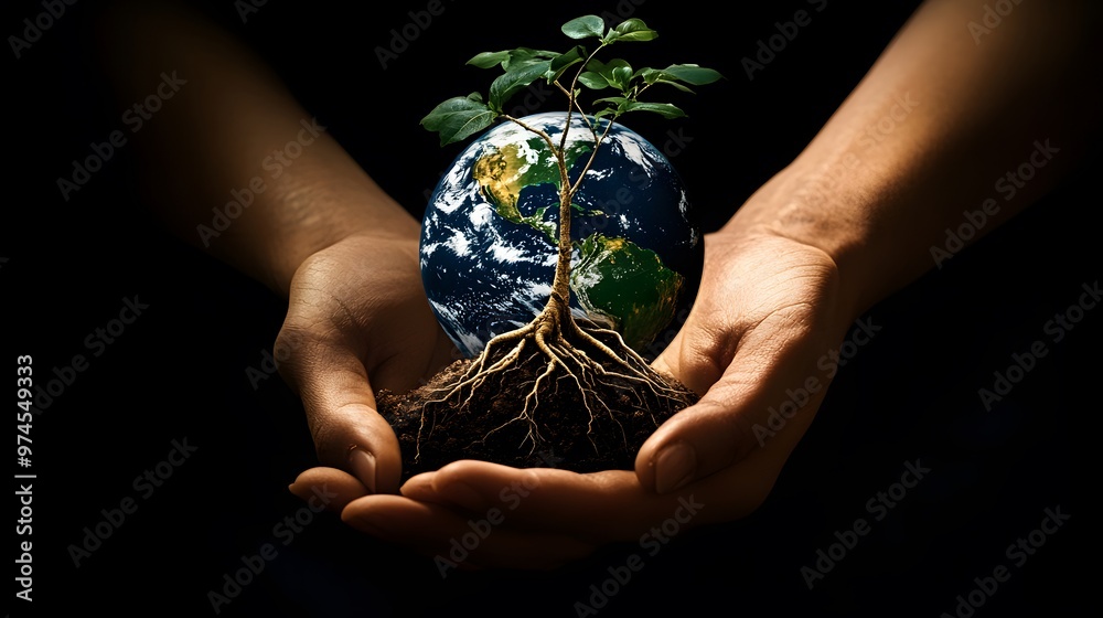 Hand with Earth Growing from it: A hand with the Earth growing out of the palm, with roots intertwining with the fingers, representing connection to nature.
Hand with Earth Growing from it: A hand with the Earth growing out of the palm, with roots intertwining with the fingers, representing connection to nature.