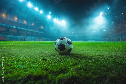 dramatic night soccer stadium floodlights illuminating lush green pitch classic black and white ball centered casting long shadow empty stands anticipation in the air