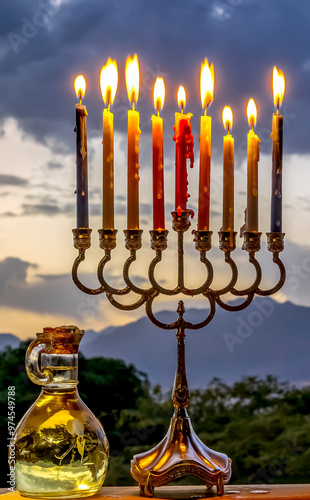 Close-up of festive burning candles - traditional symbols of Hanukkah Holiday...