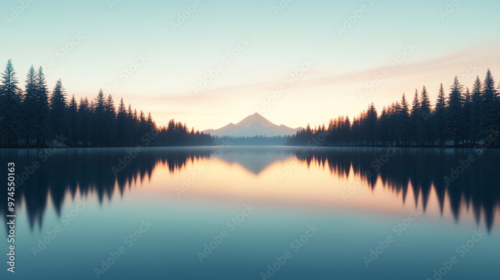 Serene lake reflecting trees and mountains at dawn, showcasing nature's beauty and tranquility during sunrise. Serene lake reflecting trees and mountains at dawn, showcasing nature's beauty and tranquility during sunrise.