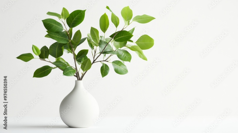 green leafy branches in white vase on plain background, minimalist decor concept green leafy branches in white vase on plain background, minimalist decor concept