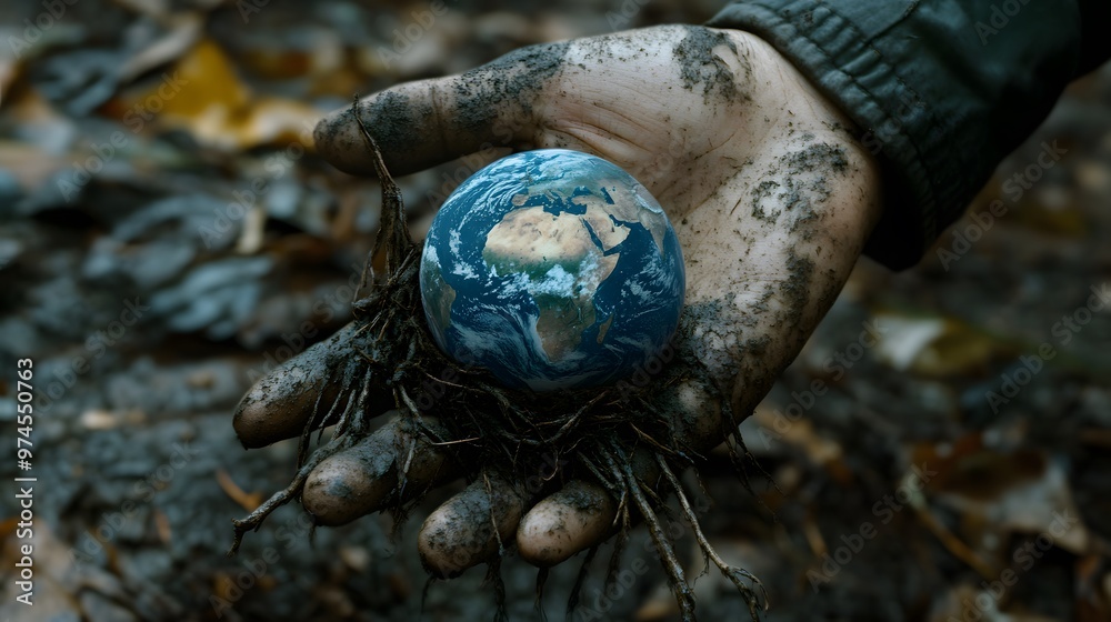 Hand with Earth Growing from it: A hand with the Earth growing out of the palm, with roots intertwining with the fingers, representing connection to nature.
Hand with Earth Growing from it: A hand with the Earth growing out of the palm, with roots intertwining with the fingers, representing connection to nature.