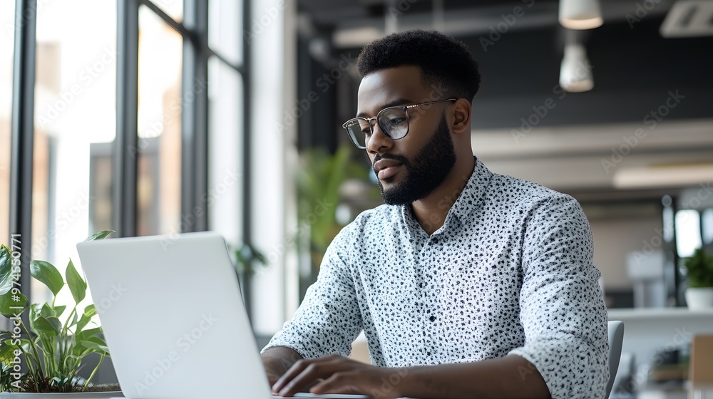 A Black Man Working on a Laptop in an Office Setting A Black Man Working on a Laptop in an Office Setting