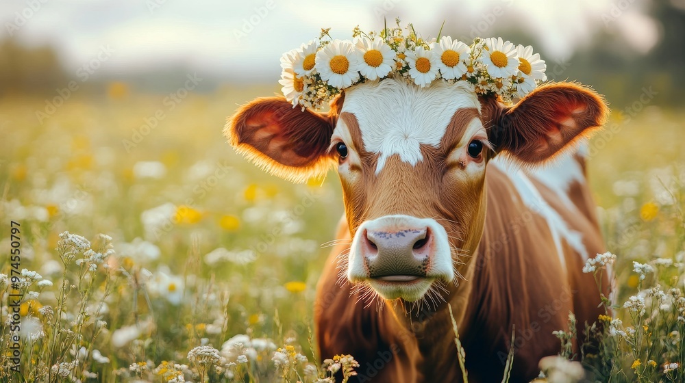 Cow with flower crown in blooming meadow at sunset, pastoral scene Cow with flower crown in blooming meadow at sunset, pastoral scene