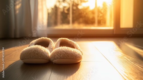 Cozy Slippers at Home on a Wooden Floor with a Warm Evening Glow photo