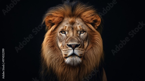 Majestic lion portrait against black background, wildlife photography concept