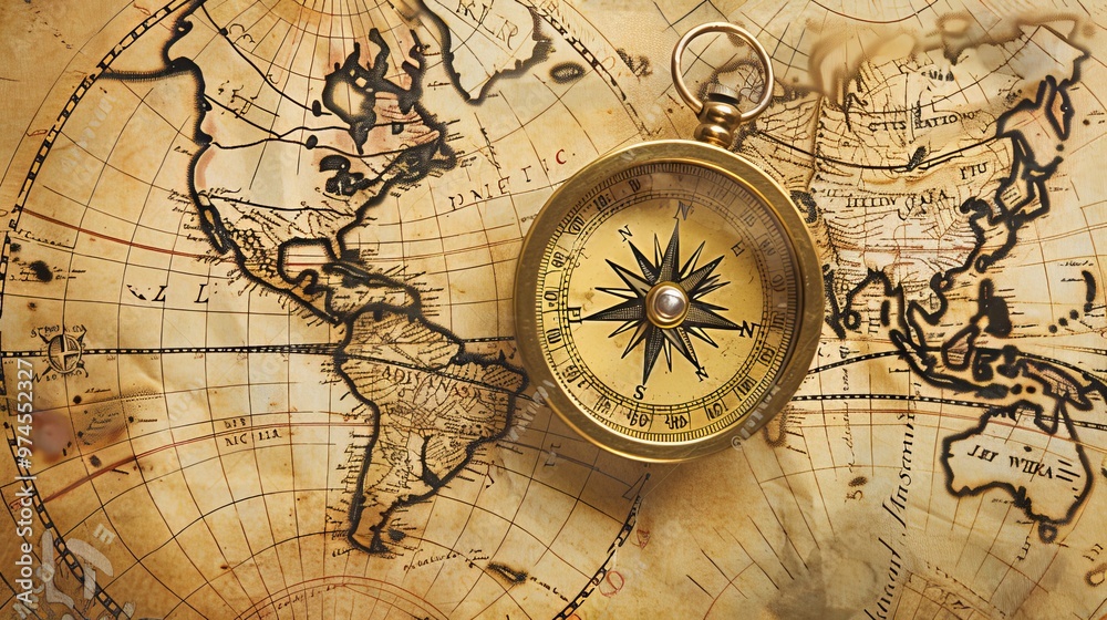 Antique Compass on Old World Map Antique Compass on Old World Map