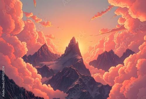 Dramatic mountainous landscape with towering peaks of rocky granite emerging from a sea of fluffy pink and orange clouds at sunset, a clear light fortress tower made of white stone ascendin photo