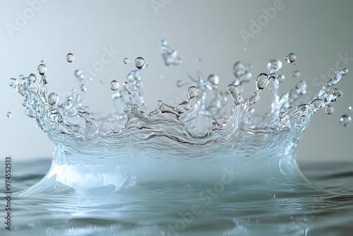 dramatic water droplet explosion crystalline clarity against pure white highspeed photography dynamic motion glistening reflections photo