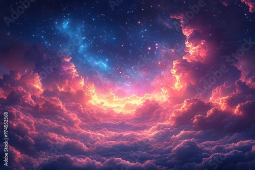 dreamlike animeinspired night sky filled with cascading stars and celestial bodies swirling nebulas in soft pastel hues create a romantic fantastical atmosphere photo