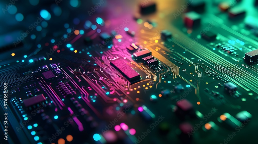 Colorful circuit board texture with intricate electronic pathways on a dark green background, showcasing high-tech design, detailed PCB traces, and sharp focus for a futuristic technology concept. Colorful circuit board texture with intricate electronic pathways on a dark green background, showcasing high-tech design, detailed PCB traces, and sharp focus for a futuristic technology concept.