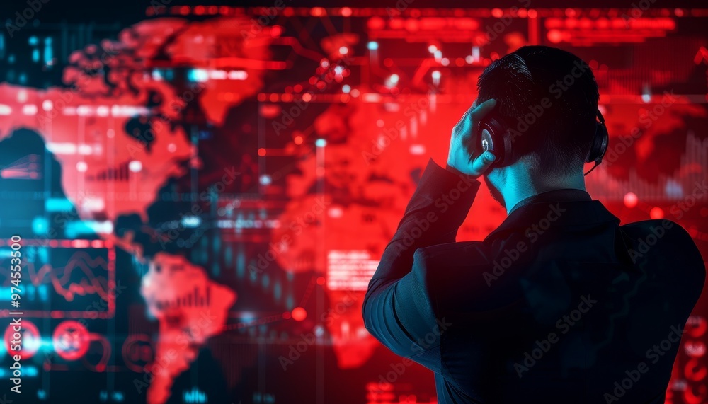 Businessman in front of a red background with a world map Businessman in front of a red background with a world map
