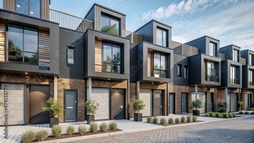 Modern modular private black townhouses. Residential architecture exterior.

