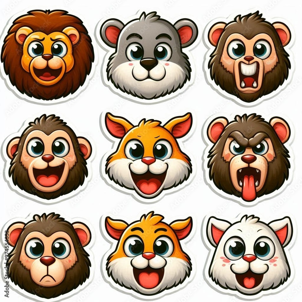 4 sticker face expression, cartoon, animal, white background 4 sticker face expression, cartoon, animal, white background
