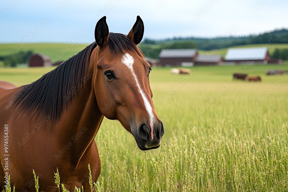 Horses grazing in a large field, with a backdrop of barns and farmhouses in the distance Horses grazing in a large field, with a backdrop of barns and farmhouses in the distance