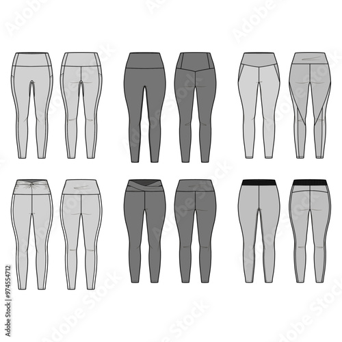 Technical flat sketch set of leggings design. Sports leggings with high-rise and low-waist seam options. Regular-leg casual sportswear, showing front and back views with cut-out and stitch details.