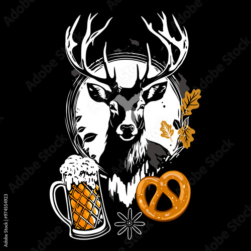 Oktoberfest Hirsch mit Geweih, Herbstlaub, Bier, Brezel und Edelweiß.