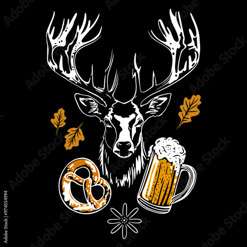 Oktoberfest Hirsch mit Geweih, Bier, Brezel, Herbstlaub und Edelweiß.