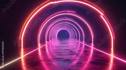 Futuristic neon tunnel glowing with pink and orange lights illuminating a wet concrete floor