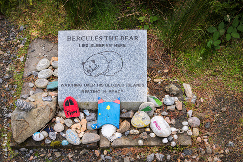 A summer HDR image of the final resting place of Hercules the Bear in Langass wood, North Uist, Outer Hebrides, Scotland.