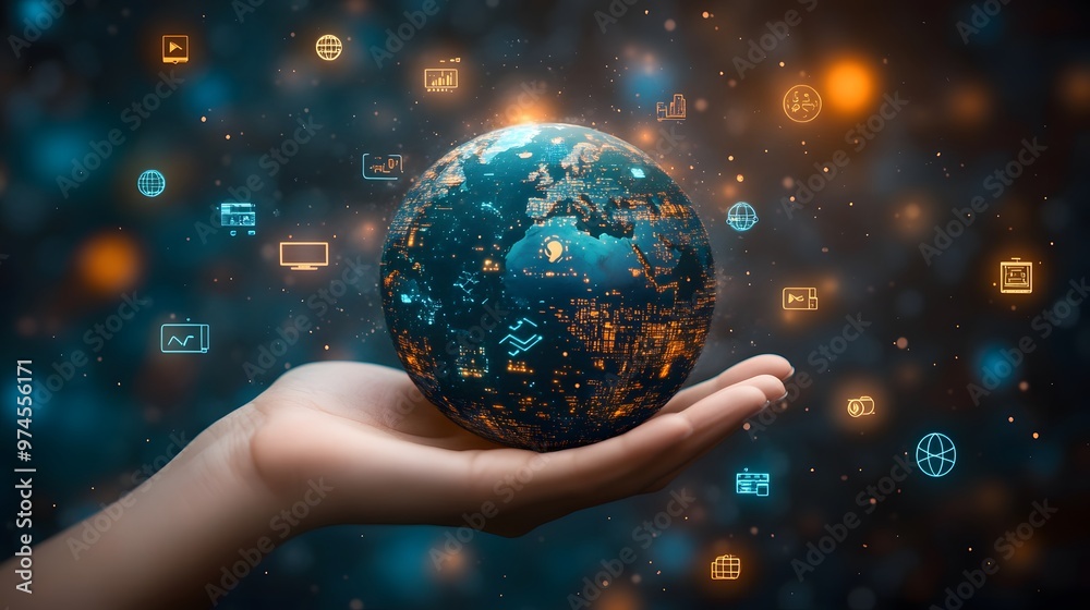 Hand with Earth Surrounded by Technology Icons: A hand holding the Earth, surrounded by floating technology icons, symbolizing the digital world's impact on the planet.
Hand with Earth Surrounded by Technology Icons: A hand holding the Earth, surrounded by floating technology icons, symbolizing the digital world's impact on the planet.
