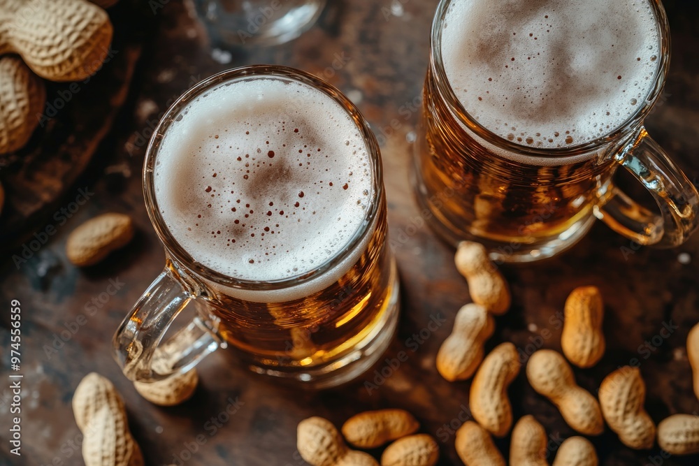 Top view of beer mugs with frothy tops and scattered peanuts on a bar counter Top view of beer mugs with frothy tops and scattered peanuts on a bar counter