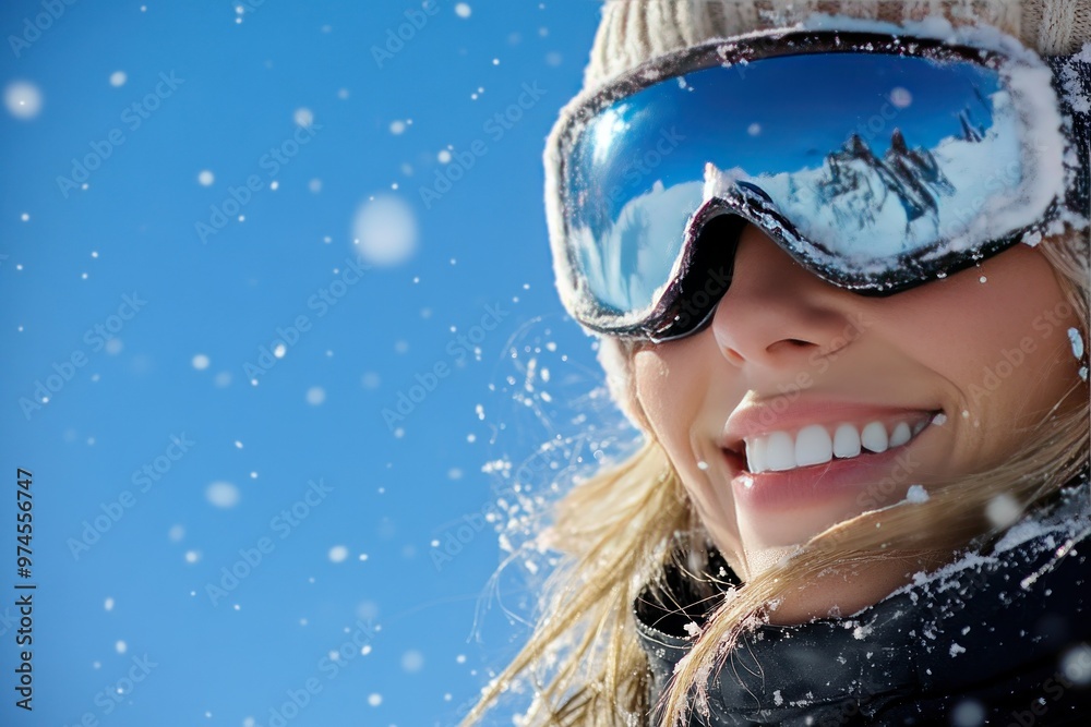 Close-up of a Smiling Woman Wearing Ski Goggles with Snow Falling Around Her Close-up of a Smiling Woman Wearing Ski Goggles with Snow Falling Around Her