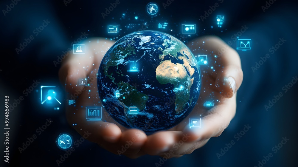 Hand with Earth Surrounded by Technology Icons: A hand holding the Earth, surrounded by floating technology icons, symbolizing the digital world's impact on the planet.
Hand with Earth Surrounded by Technology Icons: A hand holding the Earth, surrounded by floating technology icons, symbolizing the digital world's impact on the planet.