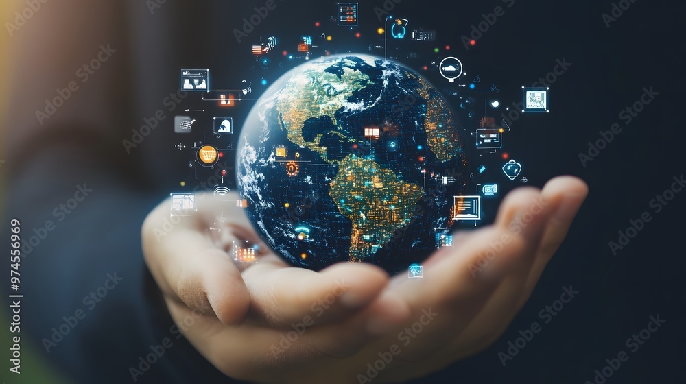 Hand with Earth Surrounded by Technology Icons: A hand holding the Earth, surrounded by floating technology icons, symbolizing the digital world's impact on the planet.
Hand with Earth Surrounded by Technology Icons: A hand holding the Earth, surrounded by floating technology icons, symbolizing the digital world's impact on the planet.